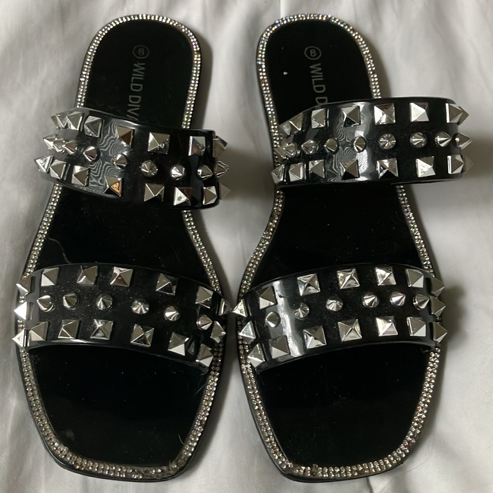 Wild Diva Lounge Black and Silver Studded Sandals